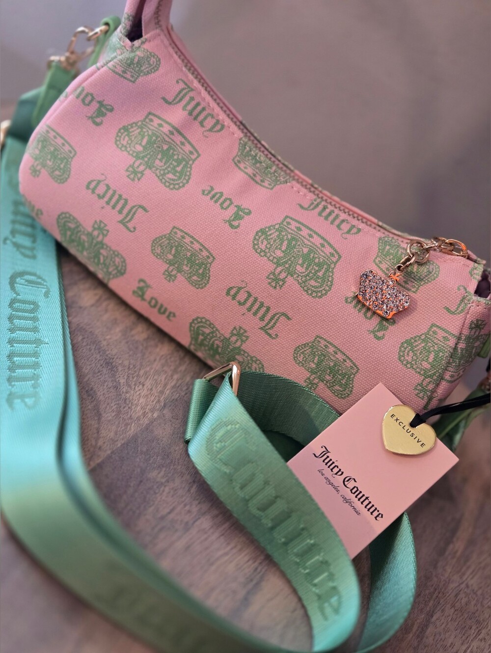 Juicy Couture Juicy Festival Shoulder Bag W Charms Pink Diamond Retro Green